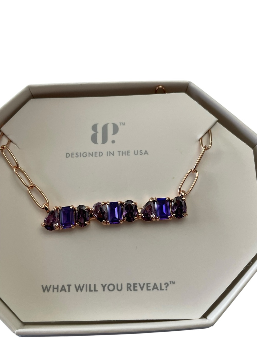 Bomb Party Necklace "That's The Ticket" NK87998 Rose Gold/Gradient Amethyst NIB